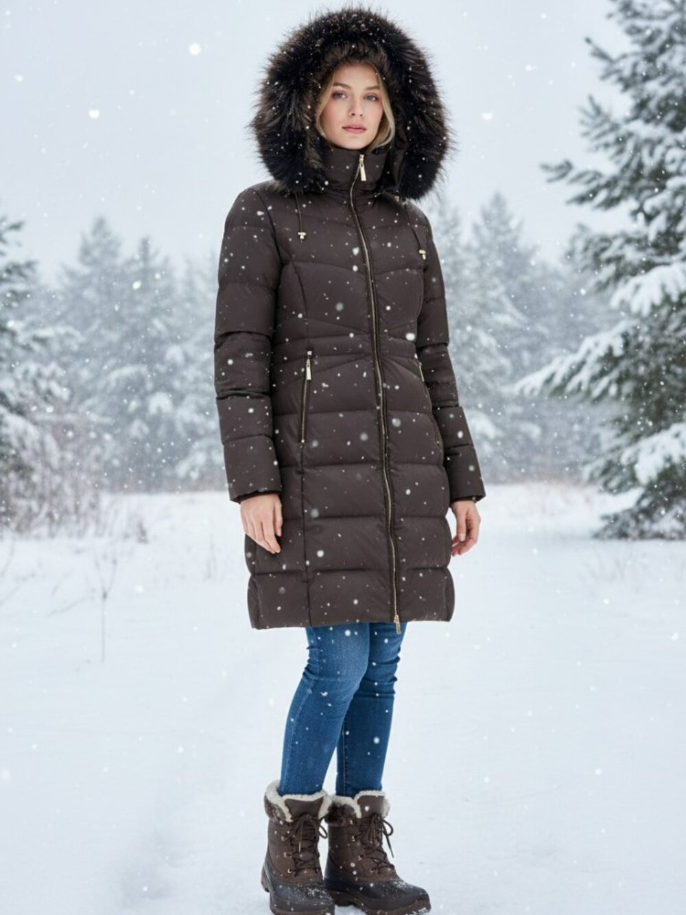 Ellen Tracy Quilted Puffer Coat Faux Fur Hood Jacket Brown Petite Small